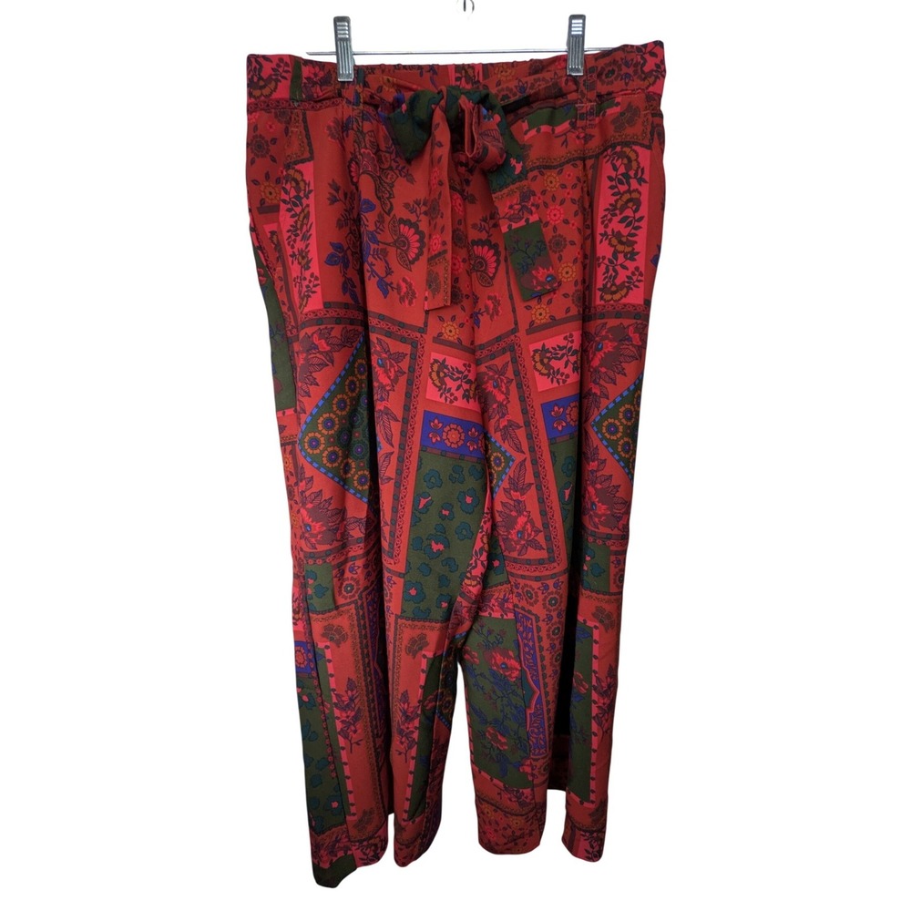 Eliane Rose Red Patchwork Floral Wide Leg Pants XL Elastic Waist Boho Tie Retro